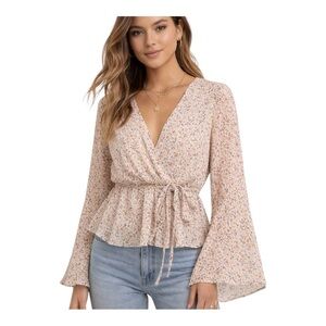Lulus Floral Tie Front Blouse Bell Sleeve Peplum Cream XL